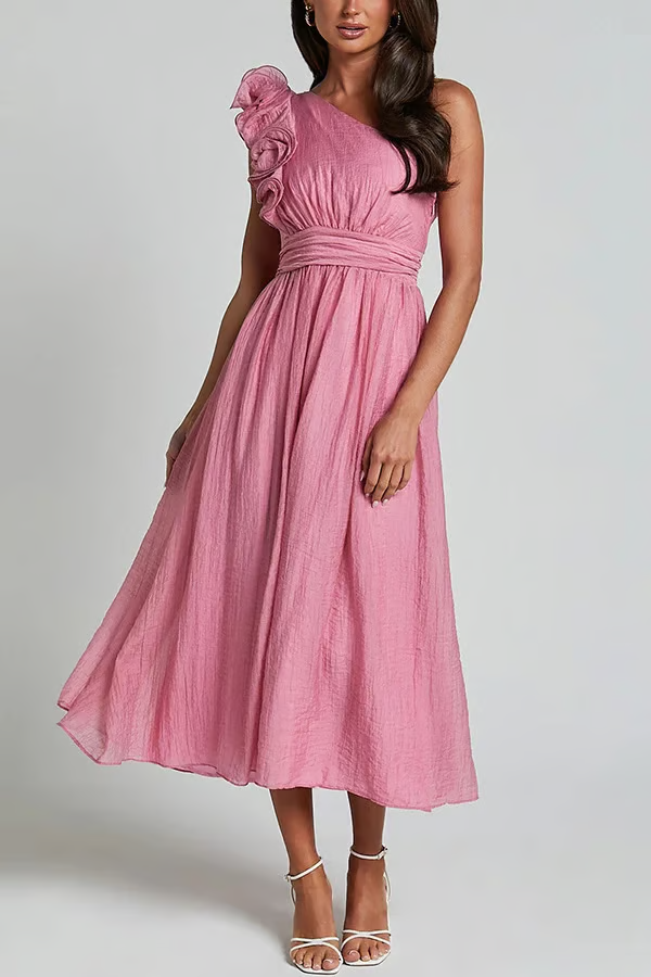 Jelly - Vestido Maxi con Volantes en Hombro Oblicuo