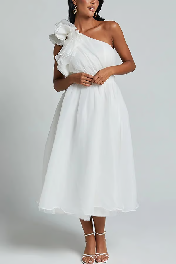 Jelly - Vestido Maxi con Volantes en Hombro Oblicuo