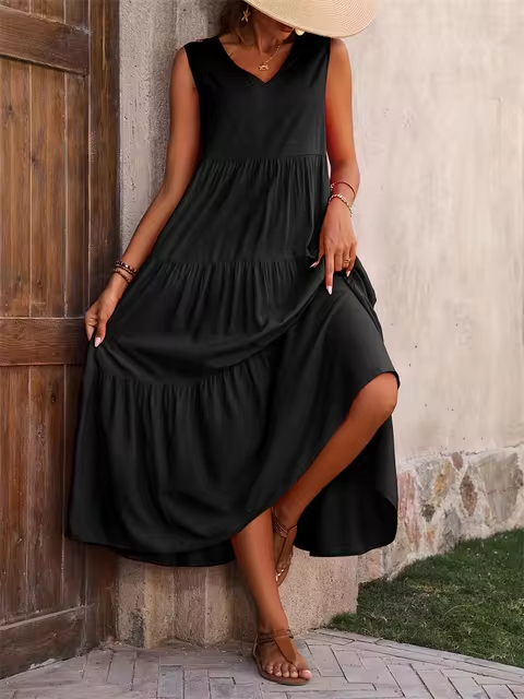 Ramona - Vestido suelto casual sin mangas con escote en V y volante en el dobladillo para primavera y verano