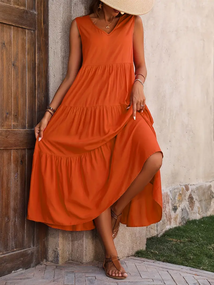 Ramona - Vestido suelto casual sin mangas con escote en V y volante en el dobladillo para primavera y verano