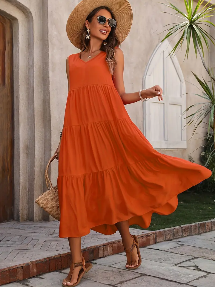 Ramona - Vestido suelto casual sin mangas con escote en V y volante en el dobladillo para primavera y verano