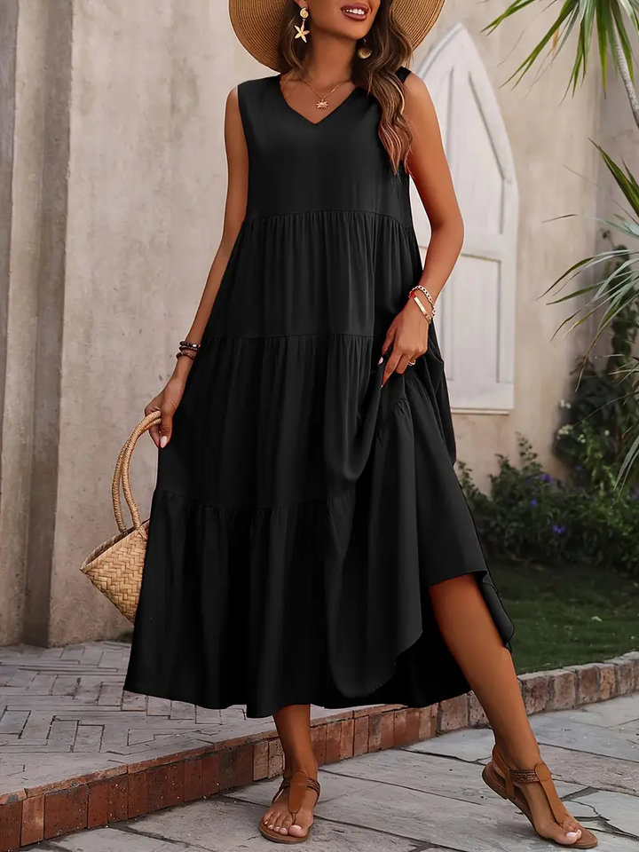 Ramona - Vestido suelto casual sin mangas con escote en V y volante en el dobladillo para primavera y verano