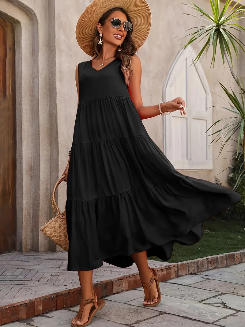 Ramona - Vestido suelto casual sin mangas con escote en V y volante en el dobladillo para primavera y verano