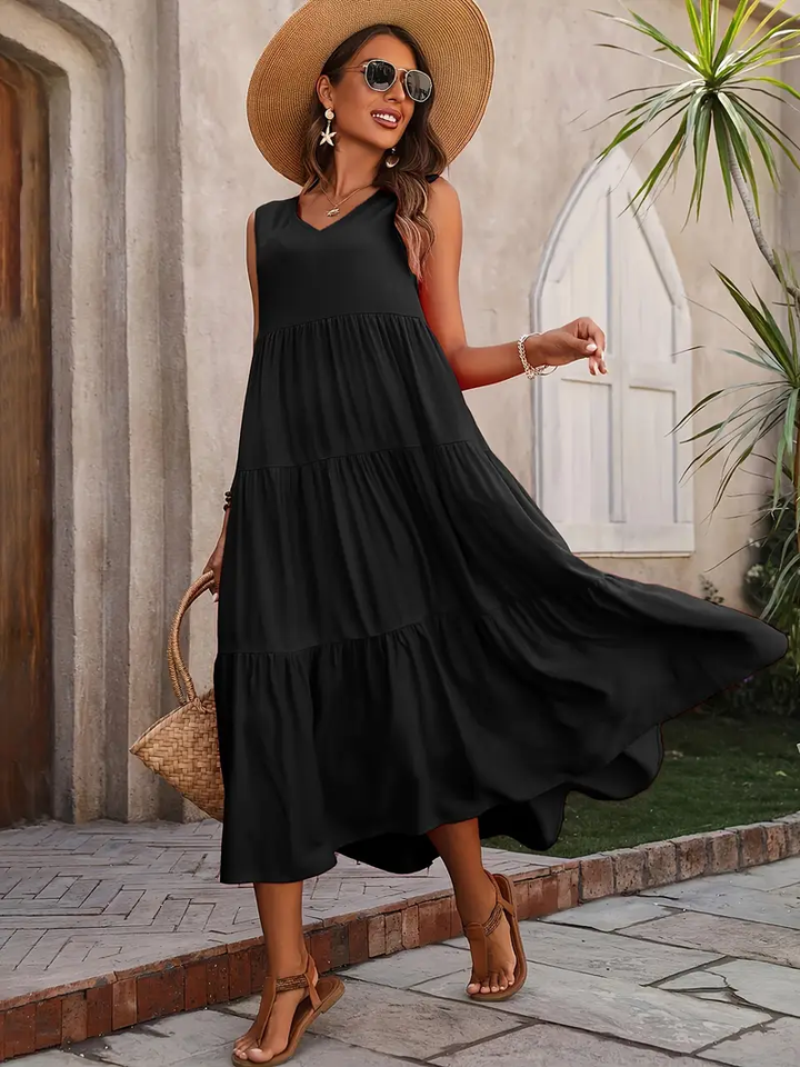 Ramona - Vestido suelto casual sin mangas con escote en V y volante en el dobladillo para primavera y verano