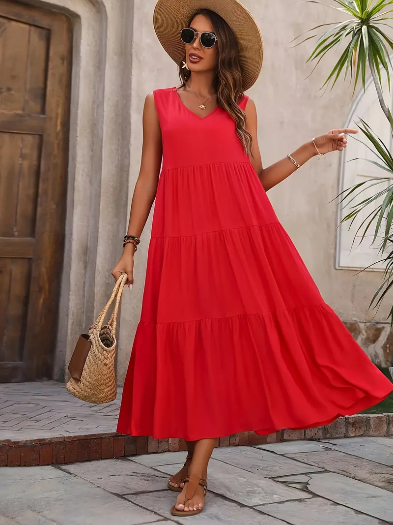 Ramona - Vestido suelto casual sin mangas con escote en V y volante en el dobladillo para primavera y verano