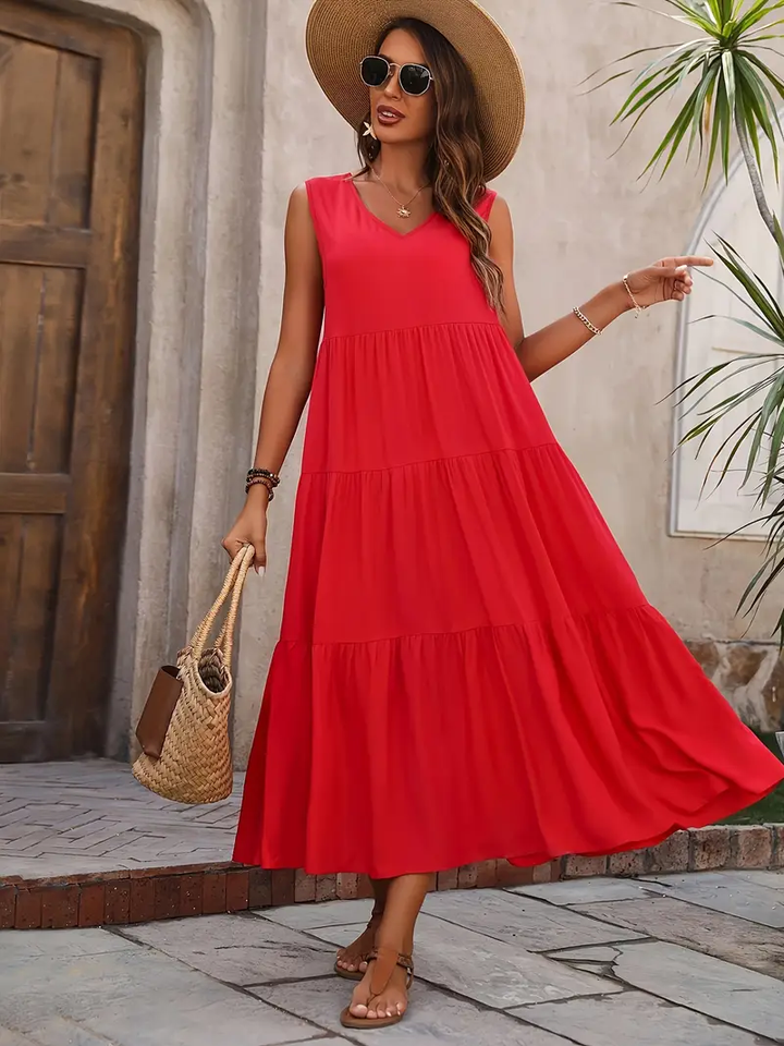 Ramona - Vestido suelto casual sin mangas con escote en V y volante en el dobladillo para primavera y verano
