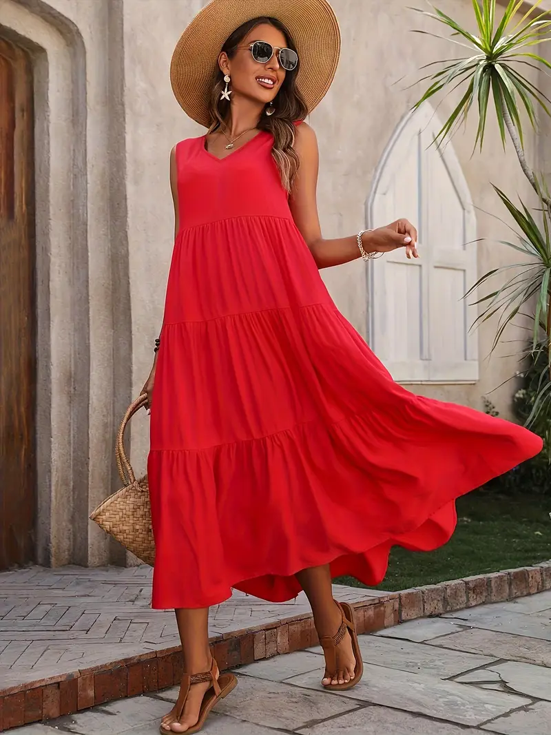 Ramona - Vestido suelto casual sin mangas con escote en V y volante en el dobladillo para primavera y verano