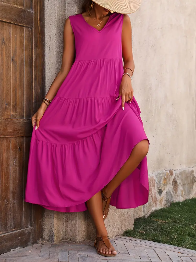 Ramona - Vestido suelto casual sin mangas con escote en V y volante en el dobladillo para primavera y verano