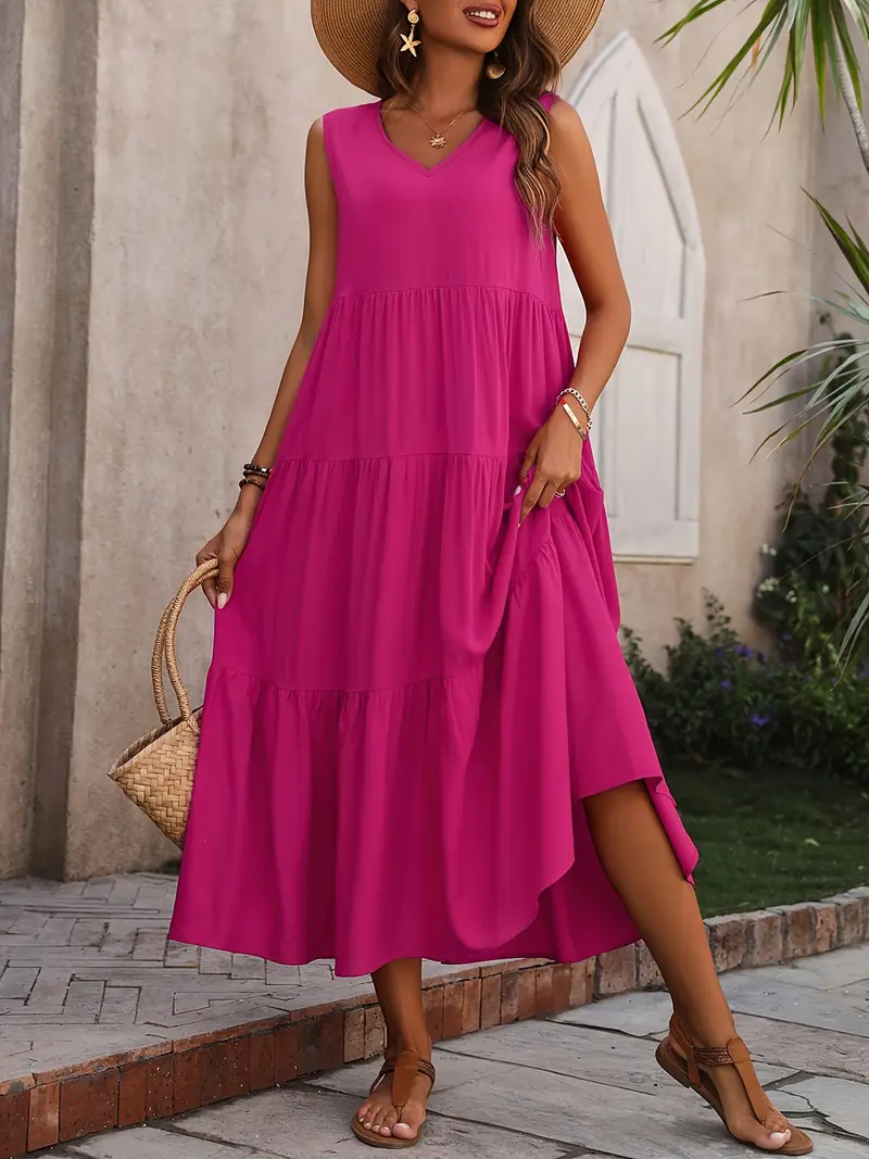 Ramona - Vestido suelto casual sin mangas con escote en V y volante en el dobladillo para primavera y verano