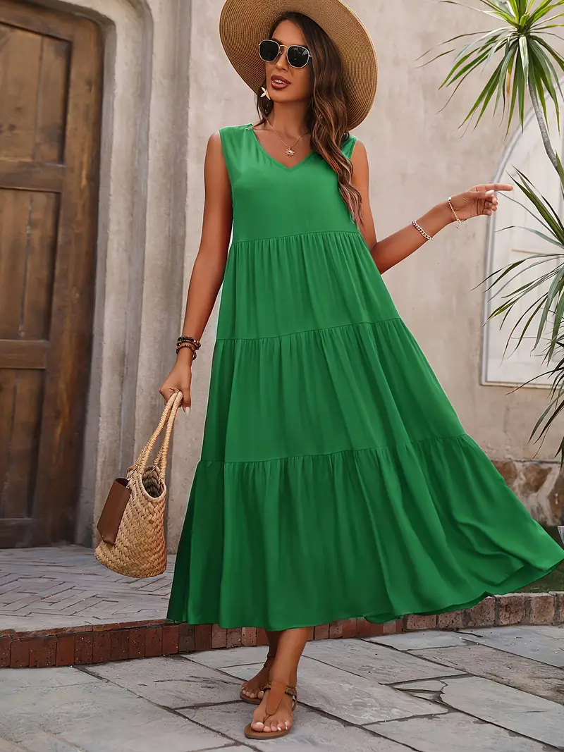 Ramona - Vestido suelto casual sin mangas con escote en V y volante en el dobladillo para primavera y verano
