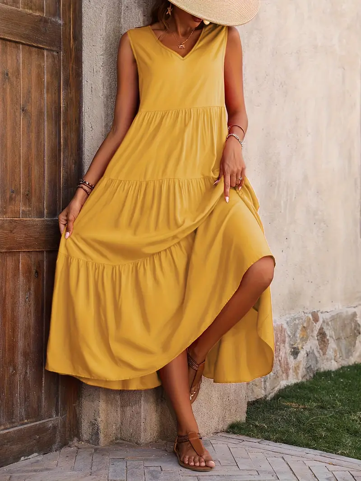 Ramona - Vestido suelto casual sin mangas con escote en V y volante en el dobladillo para primavera y verano
