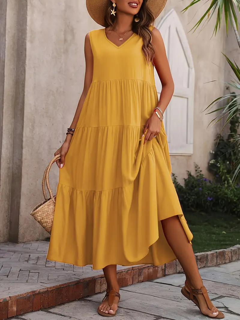 Ramona - Vestido suelto casual sin mangas con escote en V y volante en el dobladillo para primavera y verano