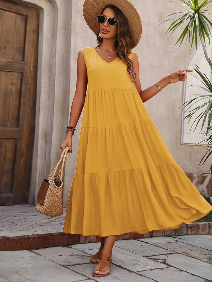 Ramona - Vestido suelto casual sin mangas con escote en V y volante en el dobladillo para primavera y verano
