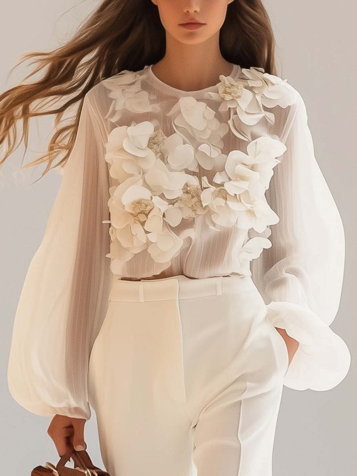 JIANNA – BLUSA ELEGANTE DE CHIFÓN CON FLORES 3D