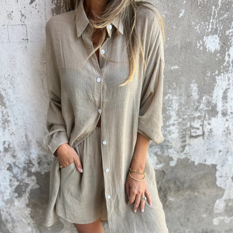 JENNY - CONJUNTO CASUAL DE CAMISA DE MANGA LARGA Y SHORTS