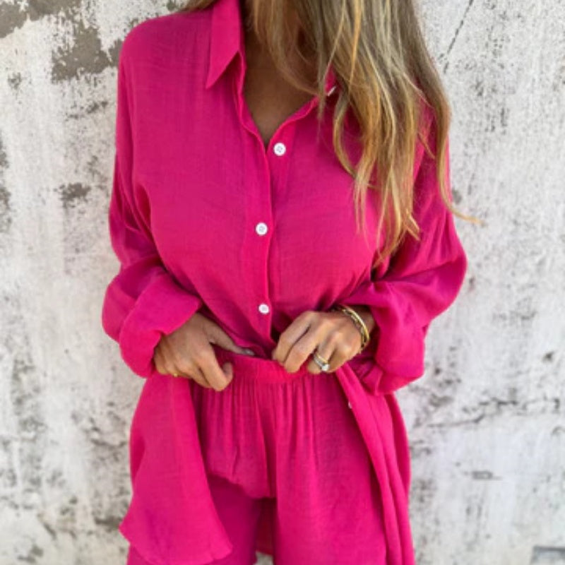 JENNY - CONJUNTO CASUAL DE CAMISA DE MANGA LARGA Y SHORTS
