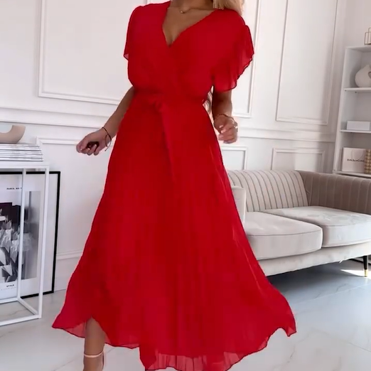AMANDA - VESTIDO MAXI PLISADO ELEGANTE CON ESCOTE EN V