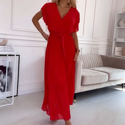 AMANDA - VESTIDO MAXI PLISADO ELEGANTE CON ESCOTE EN V