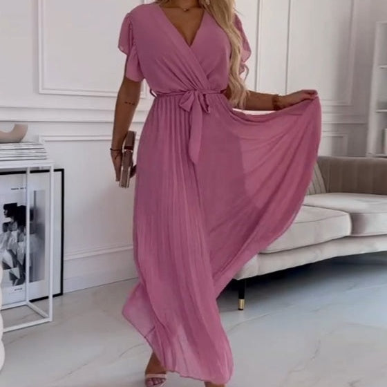 AMANDA - VESTIDO MAXI PLISADO ELEGANTE CON ESCOTE EN V
