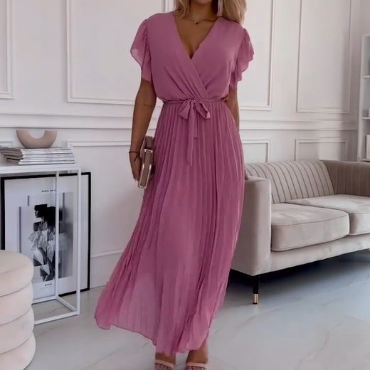 AMANDA - VESTIDO MAXI PLISADO ELEGANTE CON ESCOTE EN V