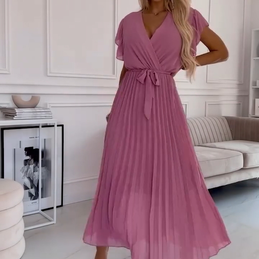 AMANDA - VESTIDO MAXI PLISADO ELEGANTE CON ESCOTE EN V