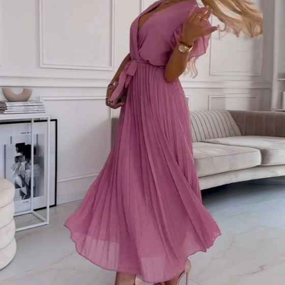 AMANDA - VESTIDO MAXI PLISADO ELEGANTE CON ESCOTE EN V