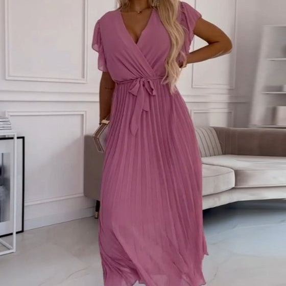 AMANDA - VESTIDO MAXI PLISADO ELEGANTE CON ESCOTE EN V