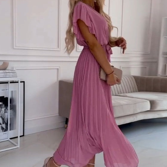 AMANDA - VESTIDO MAXI PLISADO ELEGANTE CON ESCOTE EN V