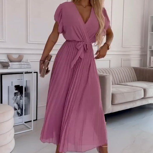 AMANDA - VESTIDO MAXI PLISADO ELEGANTE CON ESCOTE EN V