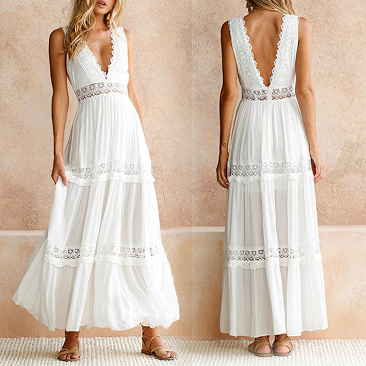 MISHA - VESTIDO MAXI CON ESCOTE EN V Y ESPALDA DE ENCAJE