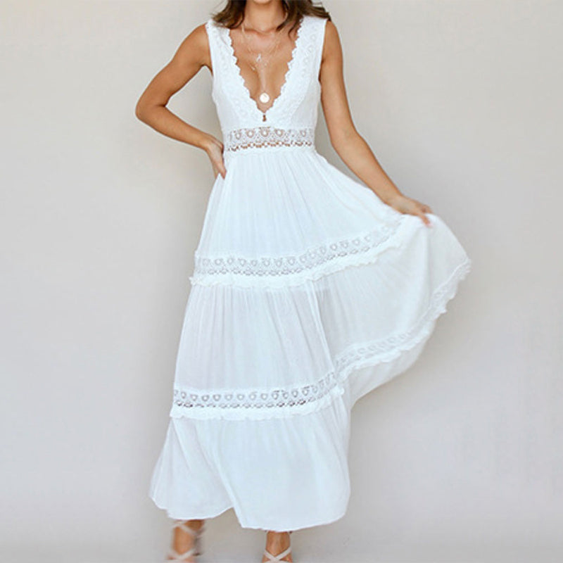 MISHA - VESTIDO MAXI CON ESCOTE EN V Y ESPALDA DE ENCAJE