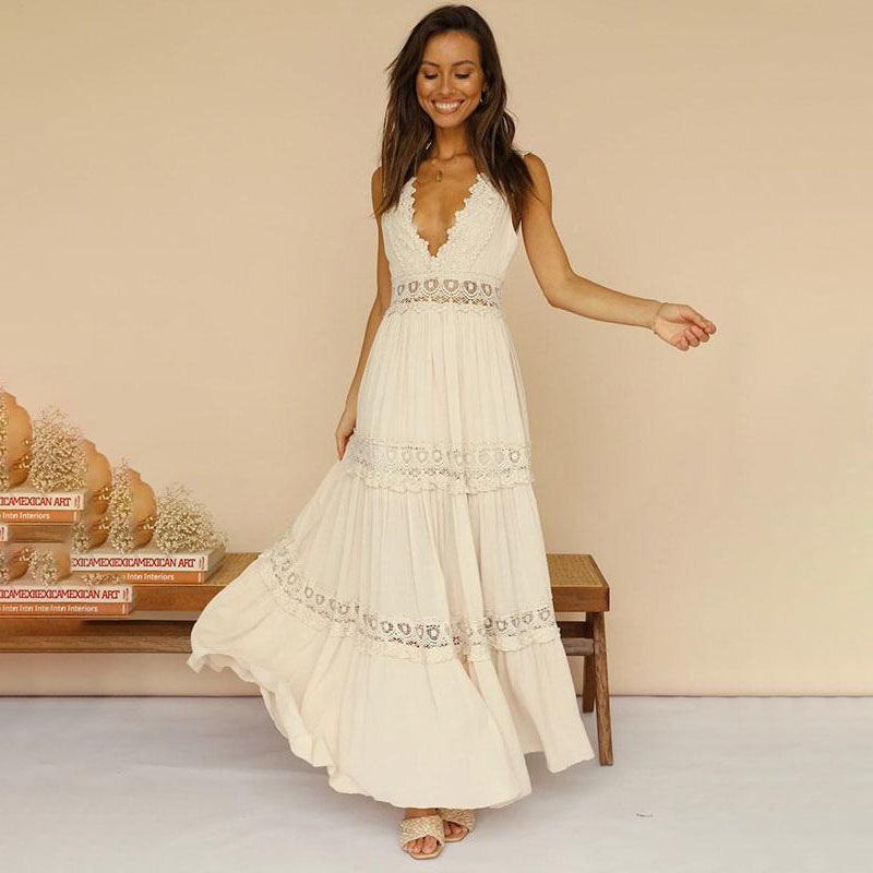 MISHA - VESTIDO MAXI CON ESCOTE EN V Y ESPALDA DE ENCAJE