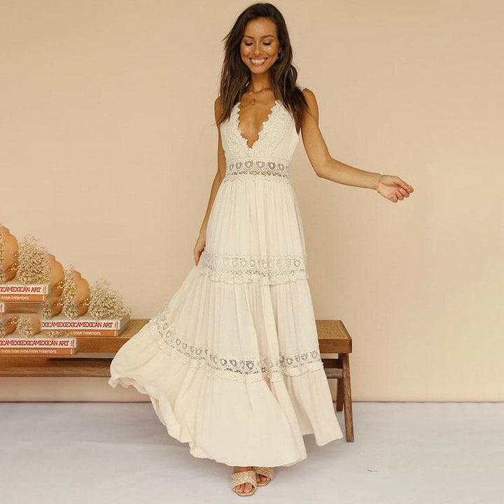 MISHA - VESTIDO MAXI CON ESCOTE EN V Y ESPALDA DE ENCAJE