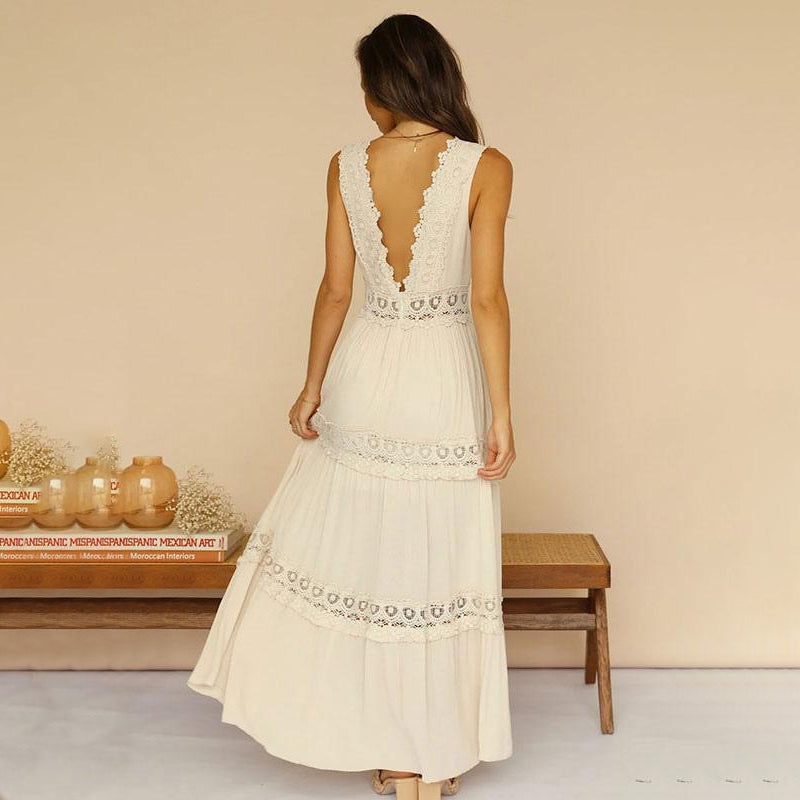 MISHA - VESTIDO MAXI CON ESCOTE EN V Y ESPALDA DE ENCAJE