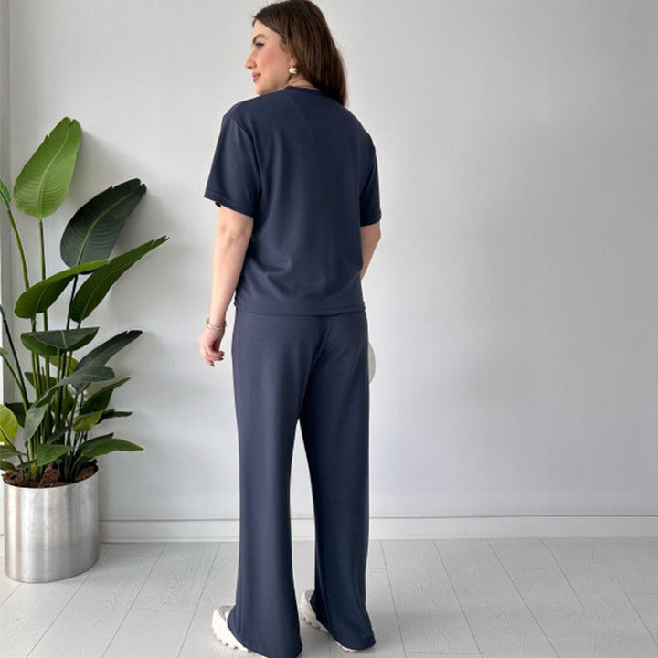 JENNIE - BLUSA DE CUELLO REDONDO Y PANTALONES FLEXIBLES DE CINTURA