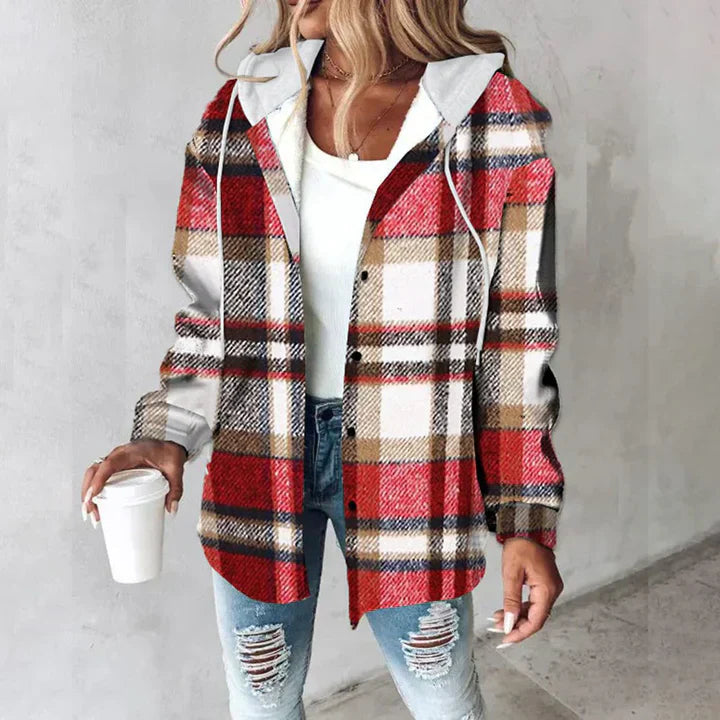 PAIGE™ | Chaqueta con Capucha de Cuadros Chic de Manga Larga y Botones