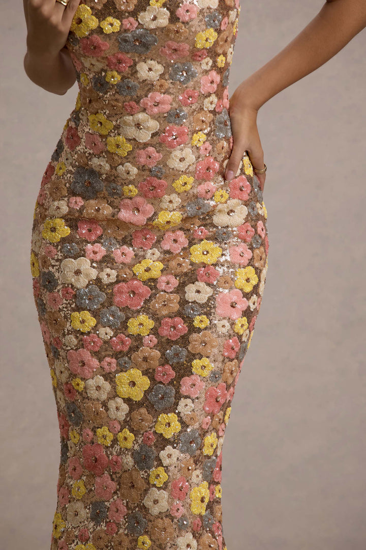 JULIANA - VESTIDO MAXI CON LENTEJUELAS Y FLORES AL ATARDECER
