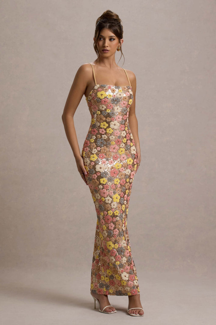 JULIANA - VESTIDO MAXI CON LENTEJUELAS Y FLORES AL ATARDECER