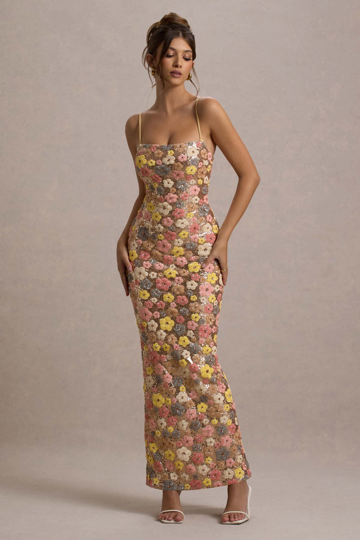 JULIANA - VESTIDO MAXI CON LENTEJUELAS Y FLORES AL ATARDECER