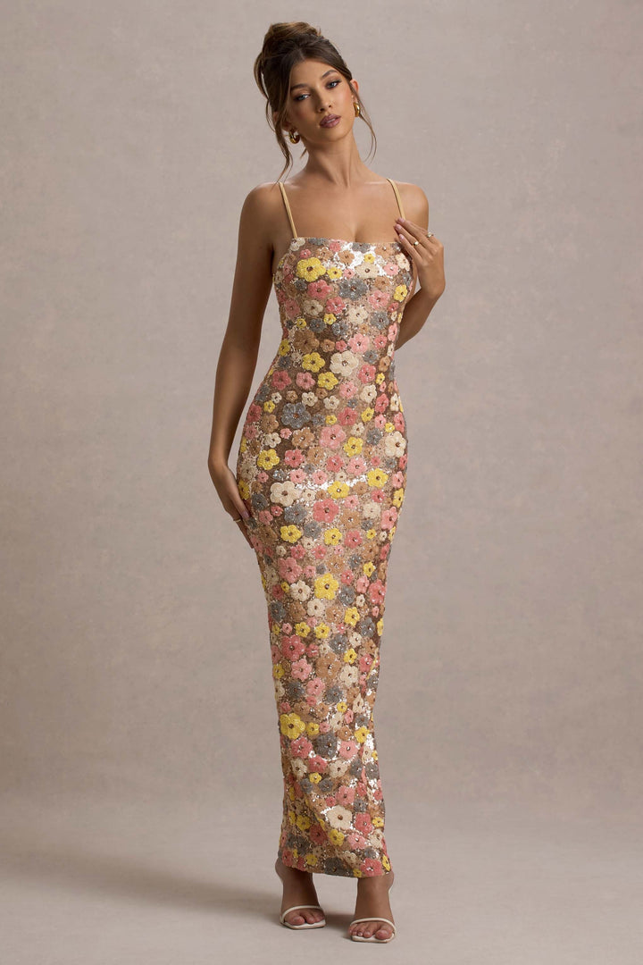 JULIANA - VESTIDO MAXI CON LENTEJUELAS Y FLORES AL ATARDECER